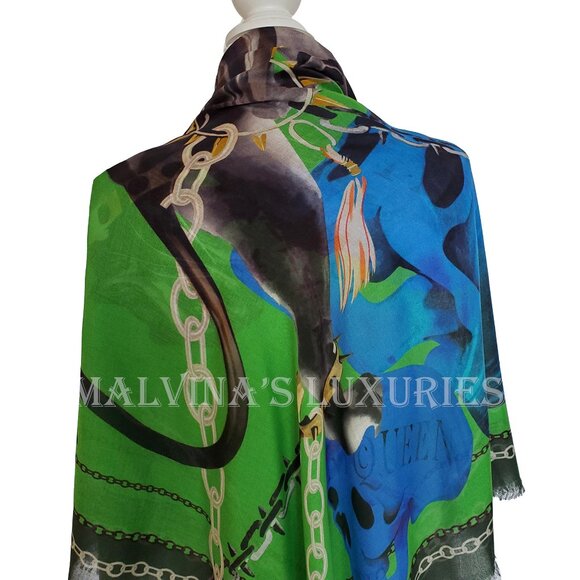 ALEXANDER MCQUEEN SCARF CHAINED PANTHER SKULLS SILK MODAL LOGO SQUARE 54" - Picture 7 of 16